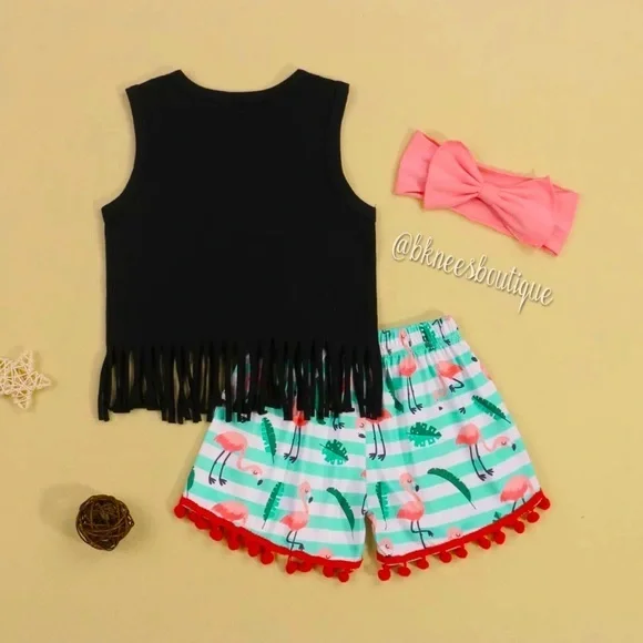 Toddler Girl Celebrate Fun Flamingo Toddler Girl Tassel Matching Boutique Set - Picture 2 of 3